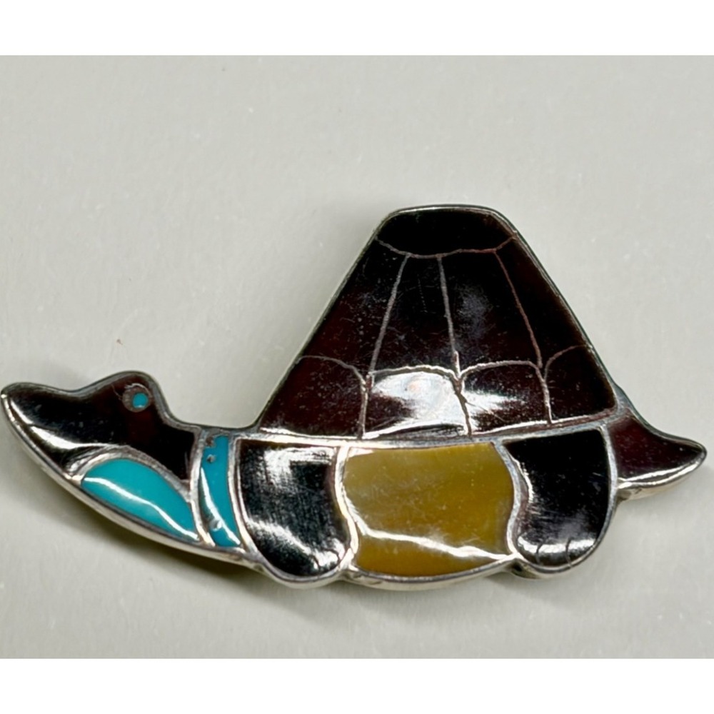 Zuni  Inlay Turtle Pendant Pin Brooch Sterling Silver Ray Nieto RN Mosaic - Picture 3 of 13